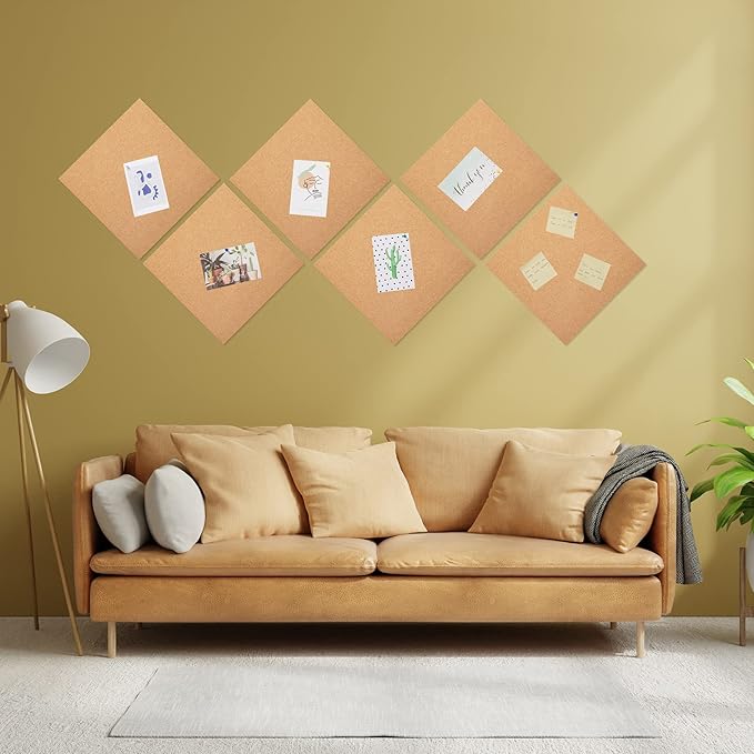 12 Pack Cork Bulletin Board 12 x 12 Inch - 1/2" Thick Cork Board Tiles,Self-Adhesive Frameless Cork Tiles Wall Decor with 100 PCS Pushpins for DIY, Office, School and Home Decor