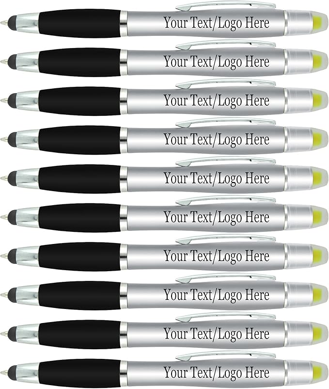 Personalized Pens with Gel Highlighter and Stylus -200 Pack Bulk-Free Imprint - 3 In Bible Highlighter No Bleed, Ballpoint Pen, and Stylus Combo- add Custom Name, Logo or Gift Message- Silver