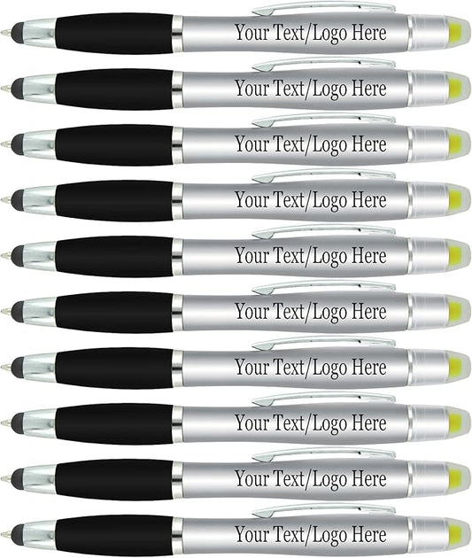 Personalized Pens with Gel Highlighter and Stylus -200 Pack Bulk-Free Imprint - 3 In Bible Highlighter No Bleed, Ballpoint Pen, and Stylus Combo- add Custom Name, Logo or Gift Message- Silver