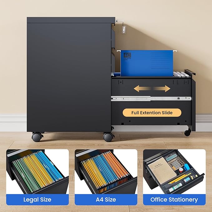 MIIIKO 3 Drawer File Cabinet, Metal Filing Cabinet with Lock Rolling Wheels, Office Storage Under Desk,Deep Drawers for Hanging Legal Letter Fill, Full Assembled Except Casters