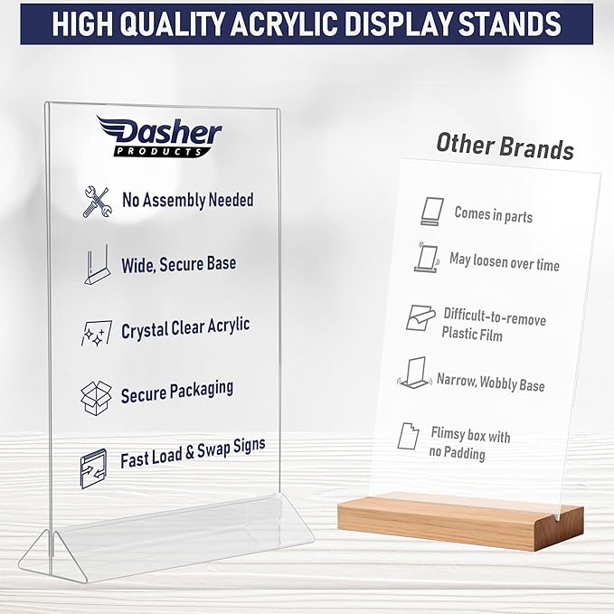 Acrylic Sign Holder 8.5 x 11, T-Shape Menu Holder with Bottom-Loading Design, Plastic Stands for Brochures, Flyers, Menus, and Displays. Double-Sided Display Stand for Tabletop Signs and More (6 Pack)