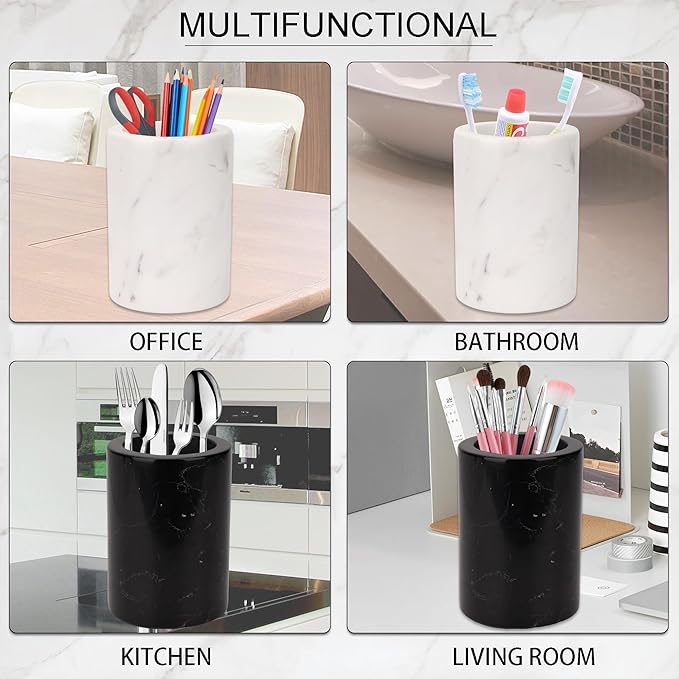 WORHE Natural Marble Pen Holder, Stylish Stone Caddy for Desk, Multi-Purpose Makeup Brush and Office Supply Storage Organizer, Desks Accessory Toothbrush Cup for Home School Black (DL003)