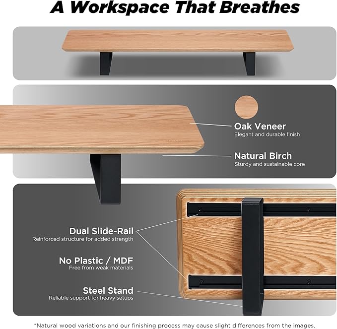 Moodular Wooden Monitor Stand 33.4” (85cm) Desk Organizer with Metal Slide Rails for Drawer, Tray, Laptop, Tablet, Phone & Headphones Customizable Riser for Organized Workspace Oak MS85-O