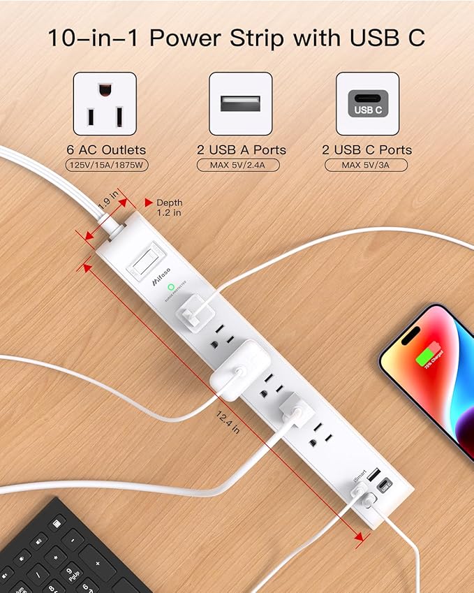 15FT Extension Cord, Flat Plug Surge Protector Power Strip, Long Cord Extension Cord with Multiple Outlets, 6 Outlets & 4 USB Ports (2 USB C), Desk Charging Station for Home, College Dorm Essentials