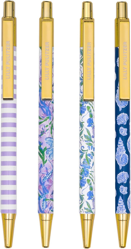 Lilly Pulitzer Black Ink Pen Set of 4, Retractable Pens for Home or Office, Colorful Plastic Click Pens, (Assorted)