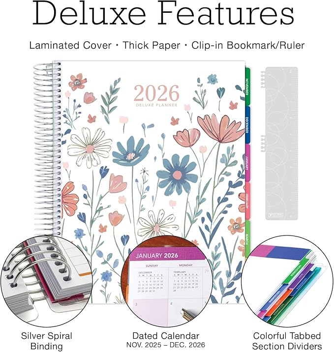 DELUXE 2026 Planner, 8.5"x11": 14 Months (November 2025 - December 2026), Includes Page Tabs, Bookmark, Planning Stickers, Pocket Folder Daily Weekly Monthly Planner Yearly Agenda (Colorful Botanicals)