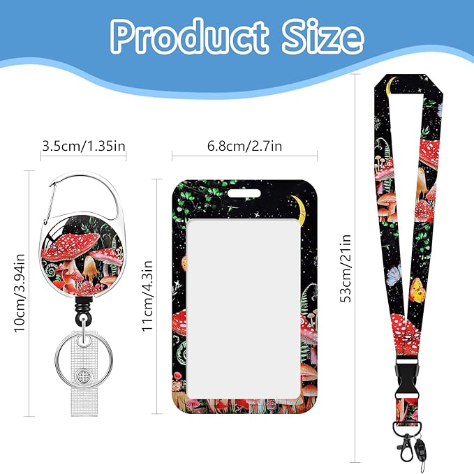 Mushroom Lanyards with Id Holder, Butterfly Moon ID Badge Holder with Retractable Lanyard, ID Holder with Badge Reel Clips, Name Tag ID Card Holder Teacher Women Doctor Office Gift