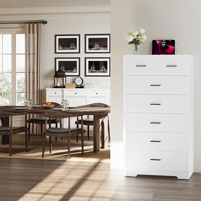 47.3" Tall Dresser for Bedroom Chests of Drawers with Charging Station 7 Drawer Dressers with Metal Slide Rail Modern Wood Closet Organizer with Large Storage for Home Office Entryway