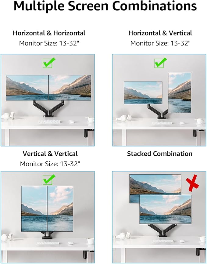 MOUNTUP Dual Monitor Stand for Desk, Gas Spring Monitor Arms for 2 Monitors 32 27 24 22 Inches, Height Adjustable Double Monitor Mount, VESA Mount with C-Clamp & Grommet Base, Holds 4.4-17.6lbs, Black