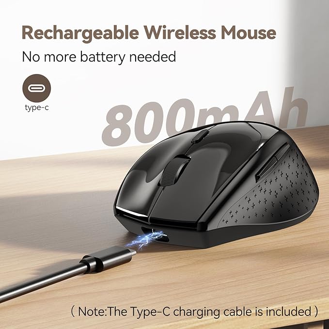 TECKNET Wireless Mouse Jiggler, USB-C Rechargeable Mouse, Silent Mouse Quiet Click, Build-in Mouse Mover, 6400 DPI Ergonomic Mouse, 2.4G Cordless Computer Mice for Mac, Laptop, Desktop, PC