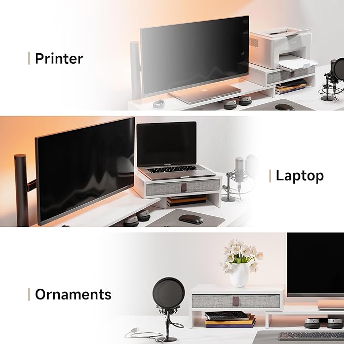 Fenge Computer Monitor Riser Stand with Drawer for 2 or 3 Monitors ,Adjustable Length and Angle Desktop Laptop Stand,Office Organizer,Printer,White