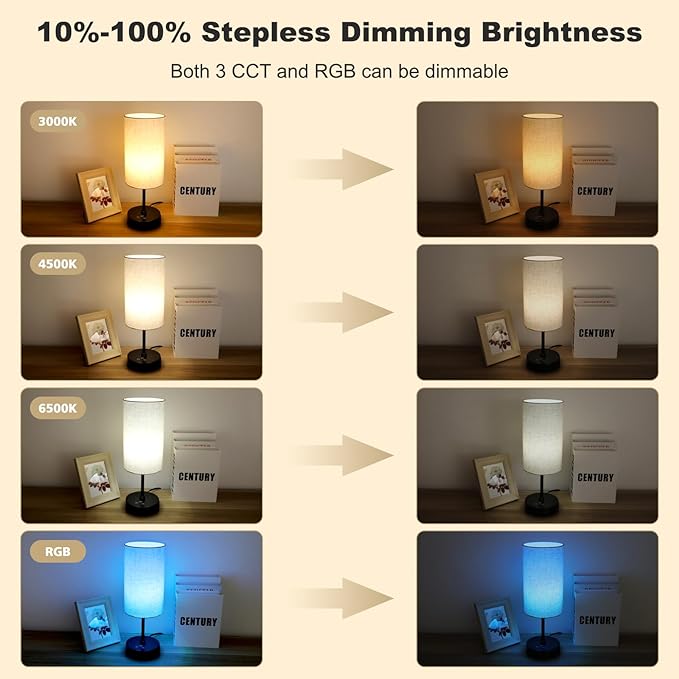 Unicozin Table Lamp, 3 CCT 3000K/4500K/6500K & RGB Color Changing, Stepless Dimmable Small Bedside Lamp for Reading, Ambience Nightstand Light for Home Decor Party, Beige Shade