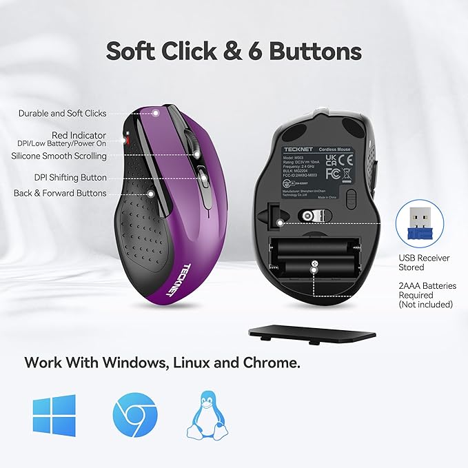 TECKNET Wireless Mouse for Laptop, Silent Mouse Quiet Click, Computer Mouse Wireless, 6 Adjustable 4000 DPI Computer Mice - Purple