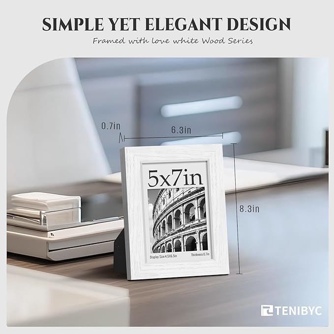 5x7 Picture Frame Set of 4 - White, Wood Photo Frame, HD Tempered Glass, Table Display or Wall Hanging, Gift for Friend