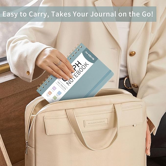 AHGXG Graph Paper Notebook - Spiral Notebook Hardcover Leather Journal 140 Pages, A5 Grid Paper Notebook 5.7" x 8.3", 100 gsm Thick Paper, for School Writing Graphing Engineering, GrayBlue