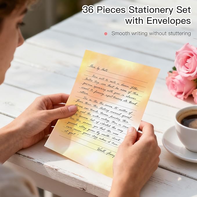 Watercolor Stationary Letter and Envelopes, 24 Lined Writing Paper with 12 Matching Envelopes, Double-Sided Printing, Multicolor, 8.3 x 5.5 Inches, 36 Pieces