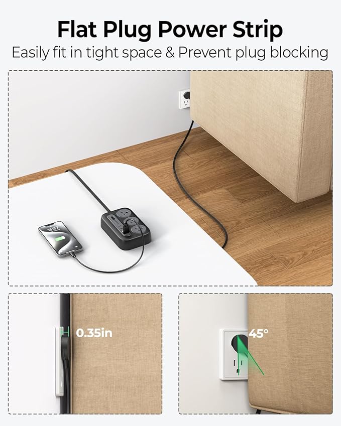 ORICO Surge Protector Power Strip, Multiple Outlets Extension Cord with 6 AC Outlets 2 USB-A and 2 USB-C Ports, 5 ft Flat Plug Power Strip, Mountable Outlet Extender for Dorm/Office/Home- OG
