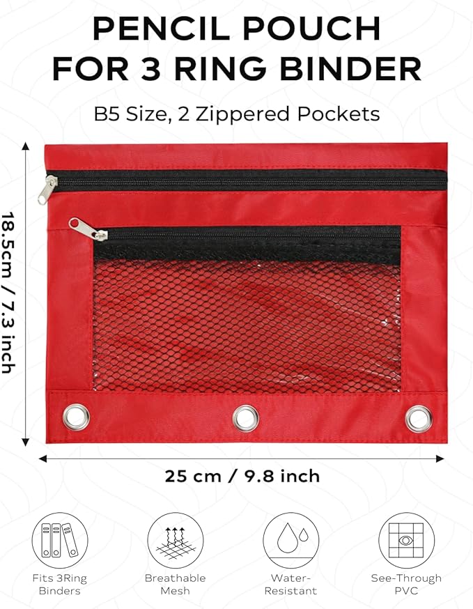 3 Ring Binder Pencil Pouch - School Pencil Case with 2 Zippered Pockets, Clear Mesh Window Pencil Bag, B5 Size, Back to School Gifts (Red)
