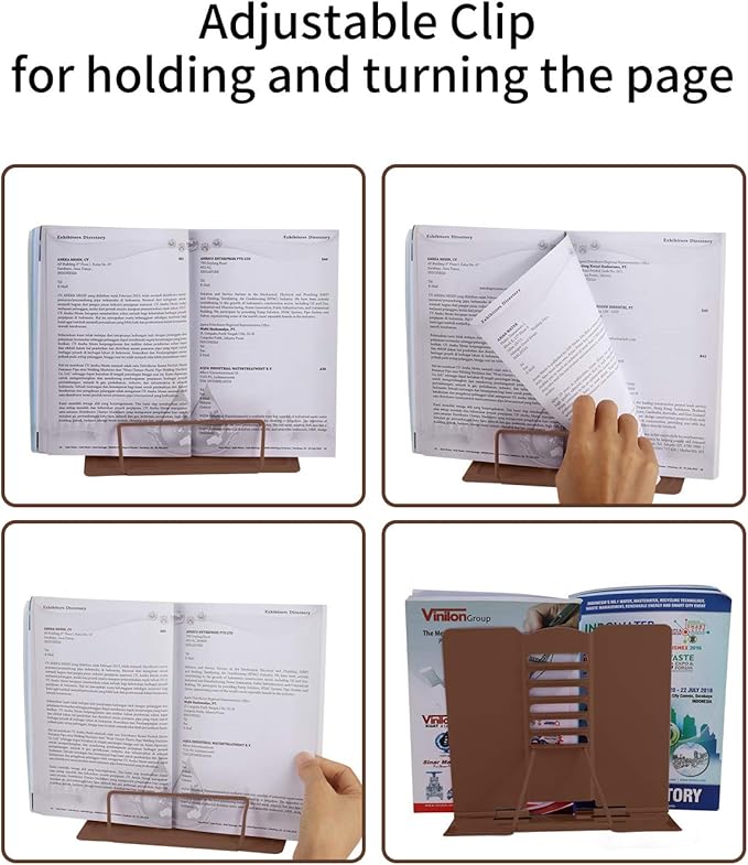 MSDADA Desk Book Stand Metal Reading Rest Book Holder Adjustable Cookbook Documents Holder Portable Sturdy Bookstands for Recipes Textbooks Tablet Music Books with Page Clips (Brown)
