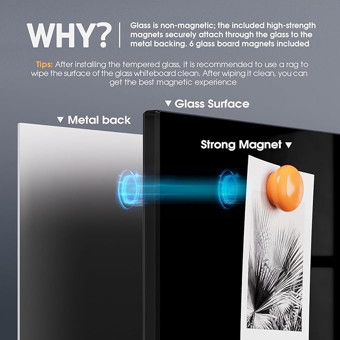 MaxGear Glass White Boards 48x36 Inches, Wall Mounted Magnetic Glass Dry Erase Board Black, Large Frameless Whiteboard with 1 Eraser,3 Markers and 6 Magnets for Office, School, Home