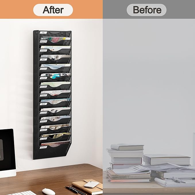 14 Tier Hanging Wall File Holder, Metal A4 Wall Mounted Document Holder, Vertical Hanging Mail Organizer, Magazine Storage Rack with Tray for Office Home Classroom, Black