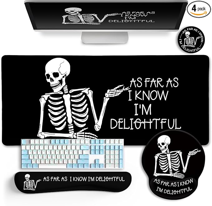 Ergonomic Mouse Pad with Wrist Rest Desk Mat Set, Skeleton Gaming Mouse Pads, Keyboard Mat Wrist Rest Cup Coaster, Funny Office Desk Accessories