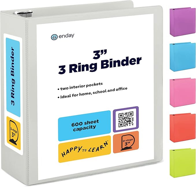 3 Inch Binder 3 Ring Binders Grey, Slant D-Ring 3” Clear View Cover with 2 Inside Pockets, Heavy Duty Colored School Supplies Office and Home Binders – by Enday