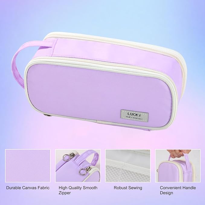 Pencil Case Large Zipper Pencil Pouch for Girls Kids Teens Adults Aesthetic Pencil Bag Stationery Organizer Pencil Case with Handle for School Purple