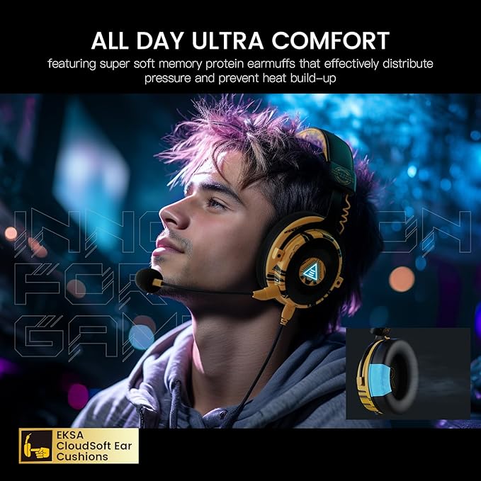 EKSA USB Gaming Headset for PC, Computer Gaming Headphones with Detachable Microphone Noise Cancelling, 7.1 Surround Sound, 50MM Driver, Wired Headset for PS4 PS5, Xbox One, Laptop (Yellow)