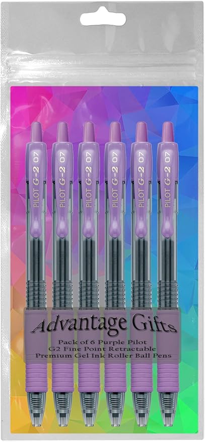 G2 Retractable Premium Gel Ink Roller Ball Pens Fine Point Fine Point (.7mm) Purple Ink 6-pk; Refillable & Premium Comfort Grip Bundle with Plastic Reusable Pouch