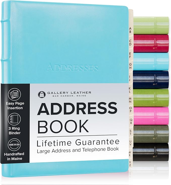 Gallery Leather Large Address Book with Alphabetical Tabs up to 480 Records, Leather Notebook Hardcover, Telephone and Address Books - 9x7", Desk Address, Acadia Pool