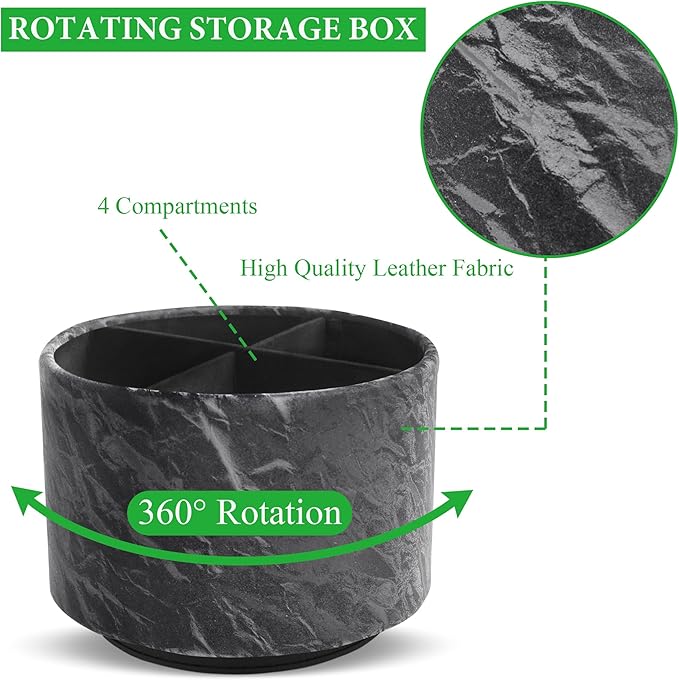 Hennaja Round Leather Art Supply Organizer,Remote Control Holder,360 Degree Spinning,Multi-Functional Pencil Holder,4 Compartments Desktop Stationary Organizer(1-Hill Black)