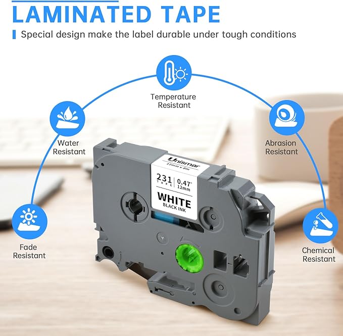 Unismar Tze 12mm 0.47 Laminated White Tape Compatible for Brother Label Maker Tape Work for Ptouch PT-D220 PTD210 PTH110 PTH100 PTD600 PTD200, Black on White 1/2'' x 26.2', 30 Pack