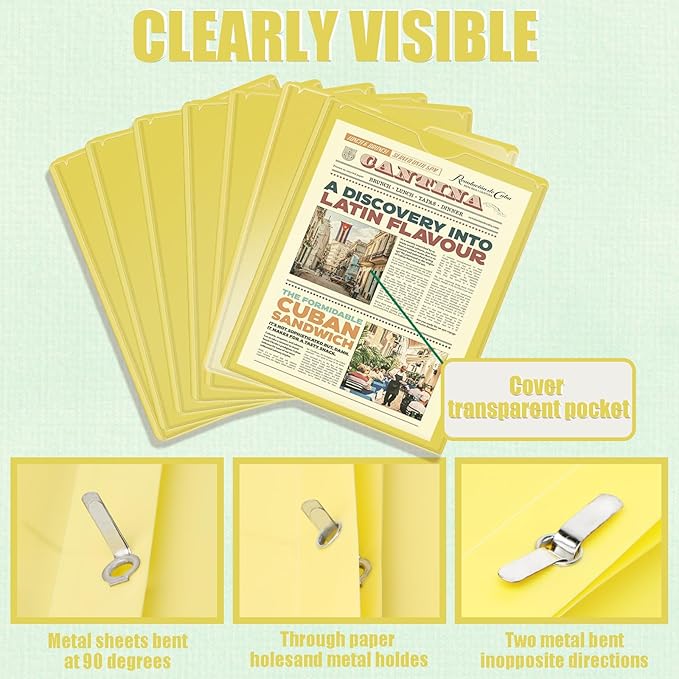 Pastel Plastic File Folders with Pockets and Prongs, 7 Pack, A4 Letter Size, Heavy Duty Waterproof Office Folders with Clear Front Cover for School, Home, and Office (Yellow)