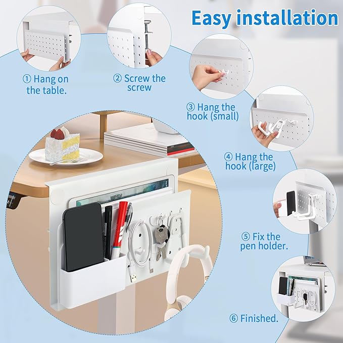 Desk Side Storage with Pen Holder & Hanging Hooks, No Drill Hanging Desk Organizer Under Desk Storage Mount, Clamp-On Laptop Holder Table Side Tray for Office and Home (White)