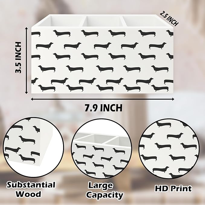 Black Dachshund Pen Pencil Holder Organizer for Desk, Weiner Dog Gifts Wooden Box Signs Decorations for Home Office Desk Tabletop, Dachshund Lovers Gifts for Women Men