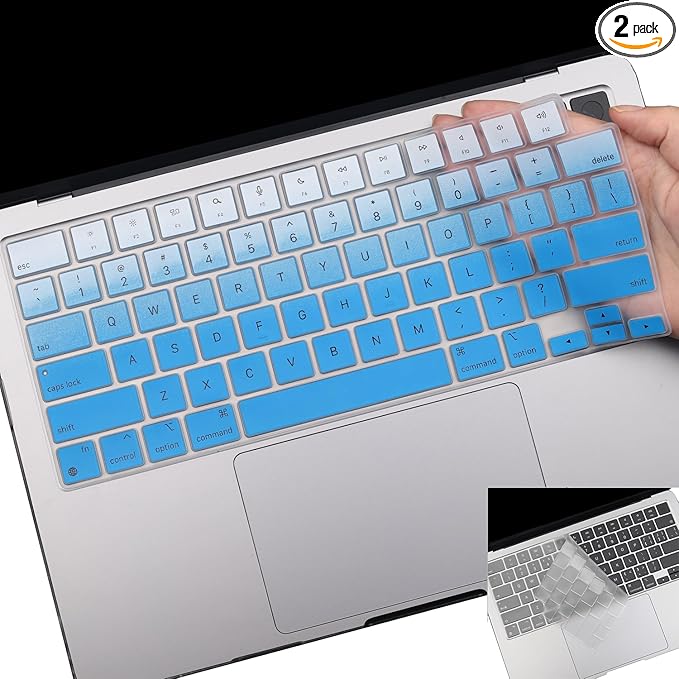 2 Pack Keyboard Cover for 2025-2021 MacBook Pro 14" 16" M4 M3 M2 M1 Pro/Max, 2025-2023 MacBook Air 13" 15" M4 M3 M2, Ultra Thin Keyboard Skin for 14.2" 16.2" MacBook Pro /13.6" 15.3" US-Ombreblue
