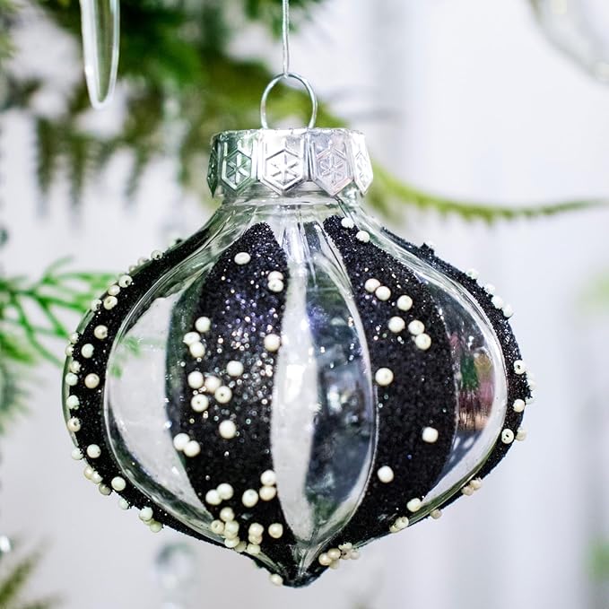 12 PCS Clear and Black Christmas Ball Ornaments, 80mm/3.15 Inches Rustic Farmhouse Christmas Decorations, Large Shatterproof Luxury Hand-Painted Xmas Ornaments for Christmas Tree, Wedding