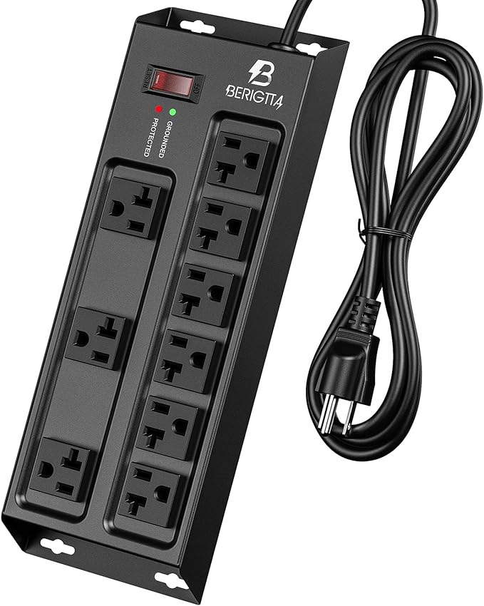 Heavy Duty Metal Power Strip, 20 AMP Surge Protector with 9 Outlets, 12 Gauge Industrial Strength for Shop & Garage Use, 6 FT Extension Cord Included, Durable T-Slot Design (6FT)