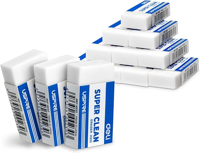 Deli Pencil Erasers, Pencil Eraser, 10 Pack, White Erasers, Erasers for Drawing, Kids, Artist, White, Large