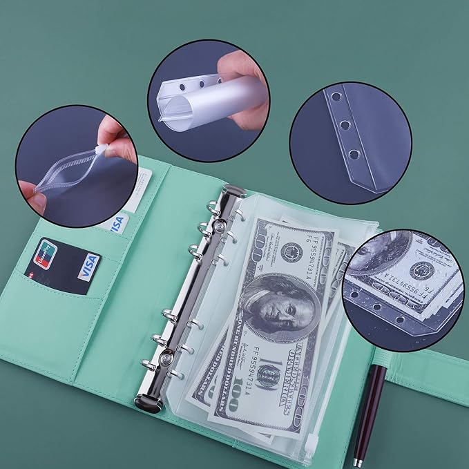 Antner A6 Budget Binder with Zipper Cash Envelopes for Money Organizer & Budgeting, PU Budget Planner Money Saving Binder with Cash Stuffing Envelopes & Labels for Home Office Travel, Light Green