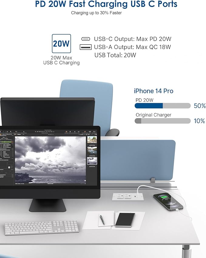 Conference Recessed Power Strip USB C PD 20W Fast Charging,Furniture Recessed Outlet,2 Outlets,2 USB Ports Table Power Strip,Flush Mount Power Strip for Side Table,6ft Cord,Flat Plug