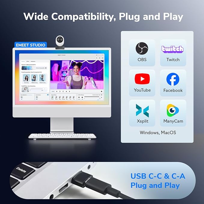 EMEET Piko+ Webcam 4K, World’s 1st Dual-Camera AI-Powered 4K Camera, 1/2.55'' Sony Sensor, 3 Mics&3 Sound Modes, Panda Magnetic Privacy Cover, USB C-C&C-A, Ideal for Livestreamers and Content Creators