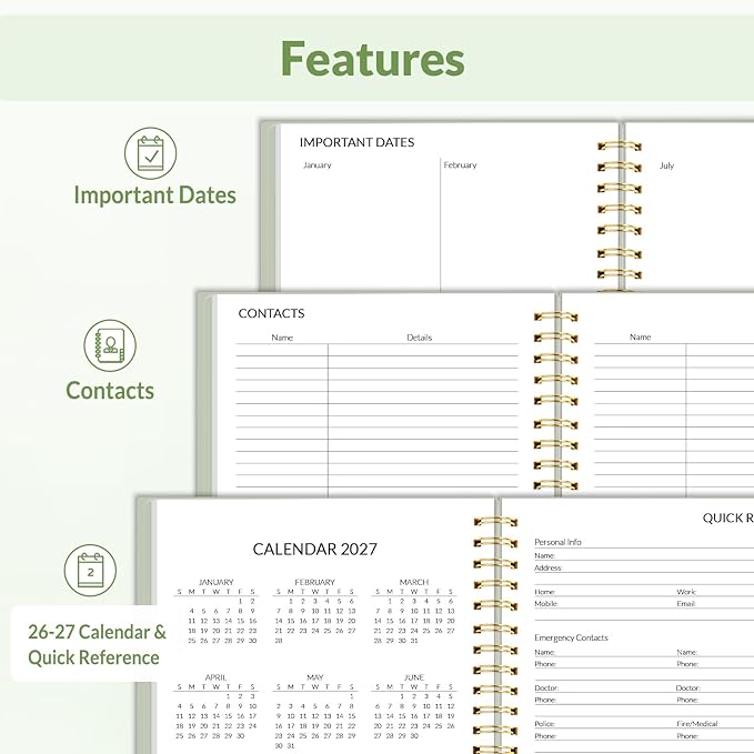 SUNEE 2026 Weekly and Monthly Planner - January 2026-December 2026, 6.4" x 8.3" Half Weekly Half Note, Daily Agenda Planner with PVC Waterproof Cover, Monthly Tab, Note, Pockets, Bookmark, Green