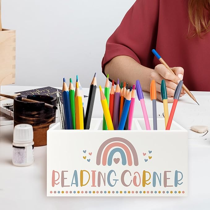 Boho Reading Corner Pen Pencil Holder Organizer for Desk, Boho Rainbow Bookish Wooden Box Signs Decorations for Reading Nook Corner Room Desk Tabletop, Book Lover Reader Gifts