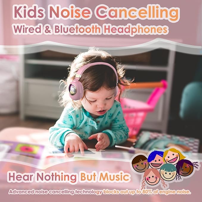 Girls Kids Headphones Wired - Pink Noise Cancelling Wireless Headphones for Kids for School - Over Ear Light Up Foldable Cat Bluetooth Gaming Headset with Microphone for iPad Kindle Tablet PC Travel