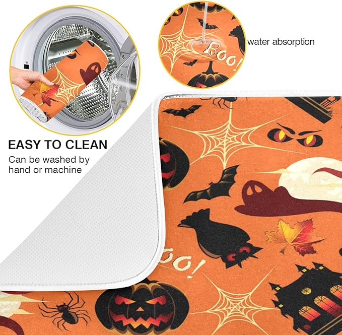 Happy Halloween Pumpkins Spooky Dish Drying Mat for Kitchen Counter 16 x 18 Inch Spider Web Cat Absorbent Microfiber Dry Dishes Mats Drainer Mat Dish Drying Pad for Countertops Decor
