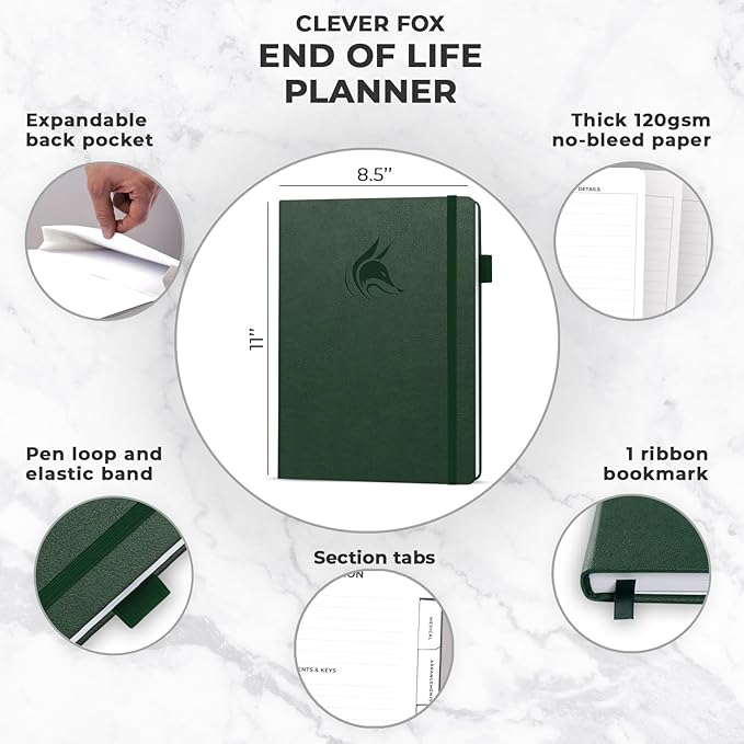 Clever Fox Large End of Life Planner – Guided Final Arrangements Organizer Notebook for Instructions, Beneficiary Info, Will Preparation, Last Wishes & Funeral Planning – 8.5" x 11" (Dark Green)