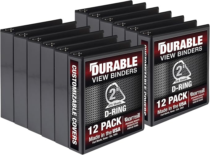 Samsill Durable 2 inch 3 Ring Binder, Made in USA, D Ring Binder, FSC 100% Recycled Chipboard, Black, 12 Pack