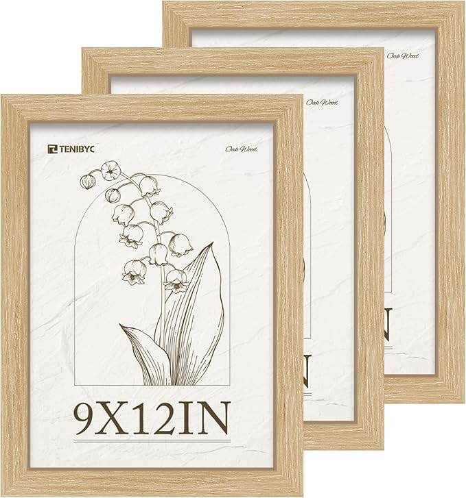 9x12 Frame Set of 3 - Natural Oak, 9 x 12 Wood Picture Frame, HD Tempered Glass, Table or Wall Display